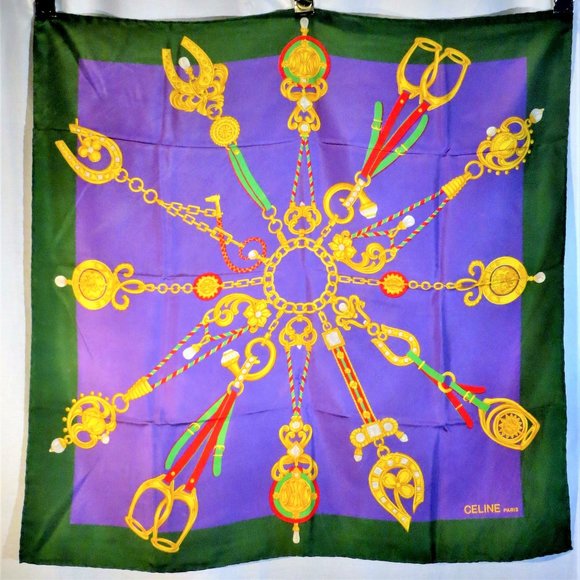 Celine Green, Purple, Gold Equestrian Silk Scarf - Picture 1 of 3